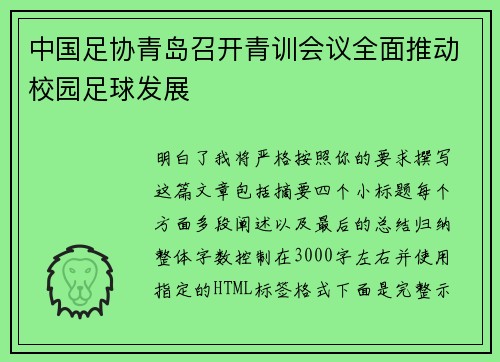 中国足协青岛召开青训会议全面推动校园足球发展 中国足协青岛召开青训会议全面推动校园足球发展