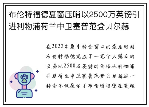 布伦特福德夏窗压哨以2500万英镑引进利物浦荷兰中卫塞普范登贝尔赫 布伦特福德夏窗压哨以2500万英镑引进利物浦荷兰中卫塞普范登贝尔赫